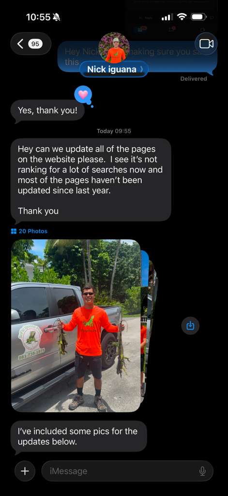 Customer message requesting iguana removal updates